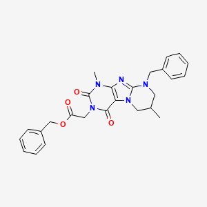 molecular formula C26H27N5O4 B14124117 benzyl 2-(9-benzyl-1,7-dimethyl-2,4-dioxo-1,2,6,7,8,9-hexahydropyrimido[2,1-f]purin-3(4H)-yl)acetate 