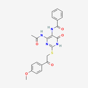 molecular formula C22H20N4O5S B14124452 N-(4-acetamido-2-((2-(4-methoxyphenyl)-2-oxoethyl)thio)-6-oxo-1,6-dihydropyrimidin-5-yl)benzamide 