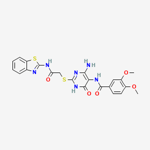 molecular formula C22H20N6O5S2 B14124505 N-(4-amino-2-((2-(benzo[d]thiazol-2-ylamino)-2-oxoethyl)thio)-6-oxo-1,6-dihydropyrimidin-5-yl)-3,4-dimethoxybenzamide 