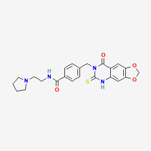 molecular formula C23H24N4O4S B14124929 4-[(8-oxo-6-thioxo-5,8-dihydro[1,3]dioxolo[4,5-g]quinazolin-7(6H)-yl)methyl]-N-(2-pyrrolidin-1-ylethyl)benzamide 