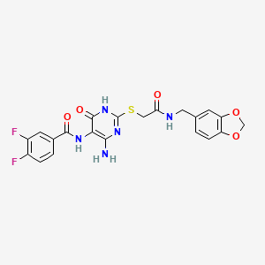 molecular formula C21H17F2N5O5S B14125410 N-(4-amino-2-((2-((benzo[d][1,3]dioxol-5-ylmethyl)amino)-2-oxoethyl)thio)-6-oxo-1,6-dihydropyrimidin-5-yl)-3,4-difluorobenzamide 
