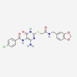 molecular formula C21H18ClN5O5S B14128303 N-(4-amino-2-((2-((benzo[d][1,3]dioxol-5-ylmethyl)amino)-2-oxoethyl)thio)-6-oxo-1,6-dihydropyrimidin-5-yl)-4-chlorobenzamide 