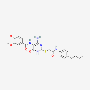 molecular formula C25H29N5O5S B14128548 N-(4-amino-2-((2-((4-butylphenyl)amino)-2-oxoethyl)thio)-6-oxo-1,6-dihydropyrimidin-5-yl)-3,4-dimethoxybenzamide 