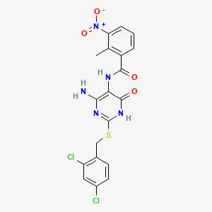 molecular formula C19H15Cl2N5O4S B14129018 N-(4-amino-2-((2,4-dichlorobenzyl)thio)-6-oxo-1,6-dihydropyrimidin-5-yl)-2-methyl-3-nitrobenzamide 