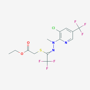 molecular formula C13H12ClF6N3O2S B1413214 Ethyl 2-[(1-{2-[3-chloro-5-(trifluoromethyl)pyridin-2-yl]-2-methylhydrazin-1-ylidene}-2,2,2-trifluoroethyl)sulfanyl]acetate CAS No. 1823194-76-8