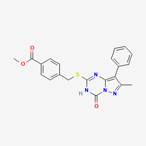 molecular formula C21H18N4O3S B14133301 Methyl 4-(((7-methyl-4-oxo-8-phenyl-3,4-dihydropyrazolo[1,5-a][1,3,5]triazin-2-yl)thio)methyl)benzoate 