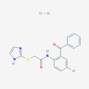 molecular formula C18H15Cl2N3O2S B141422 Acetamide, N-(2-benzoyl-4-chlorophenyl)-2-(1H-imidazol-2-ylthio)-, monohydrochloride CAS No. 128433-25-0
