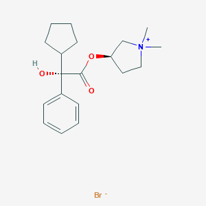 molecular formula C19H28BrNO3 B141468 Pyrrolidinium, 3-(((2S)-cyclopentylhydroxyphenylacetyl)oxy)-1,1-dimethyl-, bromide, (3R)- CAS No. 129784-11-8