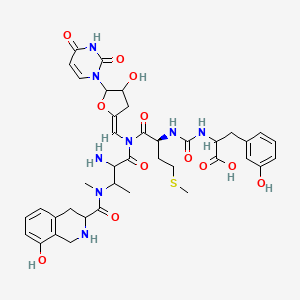 molecular formula C39H48N8O12S B14147392 Butanamide, N-(((1-carboxy-2-(3-hydroxyphenyl)ethyl)amino)carbonyl)methionyl-N-((5-(3,4-dihydro-2,4-dioxo-1(2H)-pyrimidinyl)dihydro-4-hydroxy-2(3H)-furanylidene)methyl)-N3-methyl-N3-((1,2,3,4-tetrahydro-8-hydroxy-3-isoquinolinyl)carbonyl)-D-2,3-diamino- CAS No. 126049-02-3