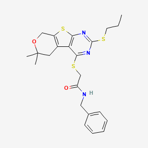 molecular formula C23H27N3O2S3 B14153044 N-benzyl-2-[(12,12-dimethyl-5-propylsulfanyl-11-oxa-8-thia-4,6-diazatricyclo[7.4.0.02,7]trideca-1(9),2(7),3,5-tetraen-3-yl)sulfanyl]acetamide CAS No. 4876-05-5