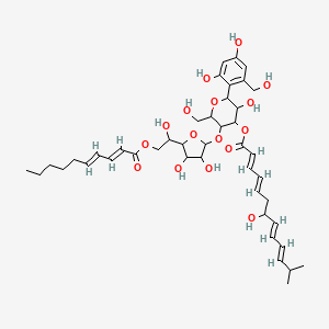 molecular formula C43H60O16 B14153949 D-Glucitol, 1,5-anhydro-1-C-(2,4-dihydroxy-6-(hydroxymethyl)phenyl)-4-O-(6-O-(1-oxo-2,4-decadienyl)-beta-D-galactopyranosyl)-, 3-(7-hydroxy-2,4,8,10-tetradecatetraenoate) CAS No. 96989-32-1