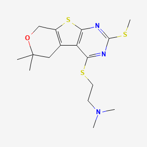 molecular formula C16H23N3OS3 B14154857 2-[(12,12-dimethyl-5-methylsulfanyl-11-oxa-8-thia-4,6-diazatricyclo[7.4.0.02,7]trideca-1(9),2(7),3,5-tetraen-3-yl)sulfanyl]-N,N-dimethylethanamine CAS No. 847036-94-6
