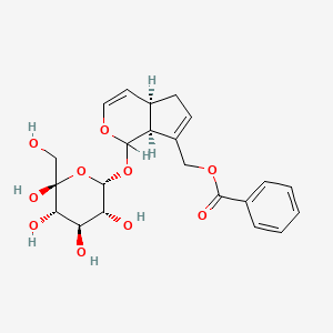 molecular formula C22H26O10 B14155518 ((1R,6S)-2-((2S,3R,4R,5S,6S)-3,4,5,6-tetrahydroxy-6-(hydroxymethyl)oxan-2-yl)oxy-3-oxabicyclo(4.3.0)nona-4,8-dien-9-yl)methyl benzoate CAS No. 55785-60-9