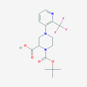 molecular formula C16H20F3N3O4 B1416054 1-[(2-Methylpropan-2-yl)oxycarbonyl]-4-[2-(trifluoromethyl)pyridin-3-yl]piperazine-2-carboxylic acid CAS No. 1787144-23-3