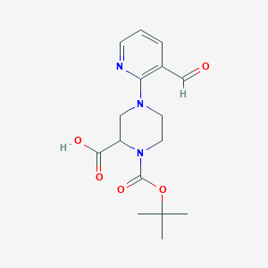 molecular formula C16H21N3O5 B1416066 4-(3-Formylpyridin-2-yl)-1-[(2-methylpropan-2-yl)oxycarbonyl]piperazine-2-carboxylic acid CAS No. 1786888-46-7