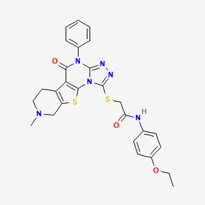 molecular formula C27H26N6O3S2 B14160774 N-(4-ethoxyphenyl)-2-[(13-methyl-8-oxo-7-phenyl-16-thia-2,4,5,7,13-pentazatetracyclo[7.7.0.02,6.010,15]hexadeca-1(9),3,5,10(15)-tetraen-3-yl)sulfanyl]acetamide CAS No. 5273-73-4