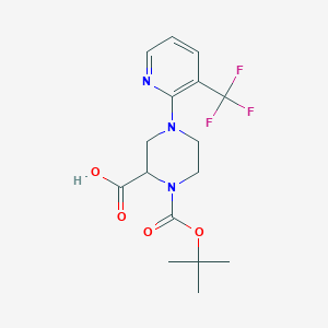 molecular formula C16H20F3N3O4 B1416082 1-[(2-Methylpropan-2-yl)oxycarbonyl]-4-[3-(trifluoromethyl)pyridin-2-yl]piperazine-2-carboxylic acid CAS No. 1786475-35-1