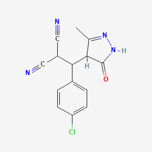 molecular formula C14H11ClN4O B14165972 2-[(4-Chlorophenyl)-(3-methyl-5-oxo-1,4-dihydropyrazol-4-yl)methyl]propanedinitrile CAS No. 89607-56-7