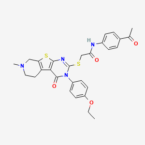 molecular formula C28H28N4O4S2 B14168943 N-(4-acetylphenyl)-2-[[4-(4-ethoxyphenyl)-11-methyl-3-oxo-8-thia-4,6,11-triazatricyclo[7.4.0.02,7]trideca-1(9),2(7),5-trien-5-yl]sulfanyl]acetamide CAS No. 843621-56-7