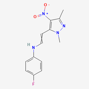 molecular formula C13H13FN4O2 B14170588 N-[2-(1,3-Dimethyl-4-nitro-1H-pyrazol-5-yl)ethenyl]-4-fluorobenzenamine CAS No. 320424-68-8