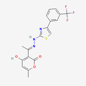 molecular formula C18H14F3N3O3S B1417431 4-hydroxy-6-methyl-3-(2-{4-[3-(trifluoromethyl)phenyl]-1,3-thiazol-2-yl}ethanehydrazonoyl)-2H-pyran-2-one CAS No. 337928-71-9