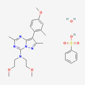 molecular formula C27H37N5O7S B14179293 benzenesulfonic acid;N,N-bis(2-methoxyethyl)-8-(4-methoxy-2-methylphenyl)-2,7-dimethylpyrazolo[1,5-a][1,3,5]triazin-4-amine;hydrate CAS No. 852287-63-9