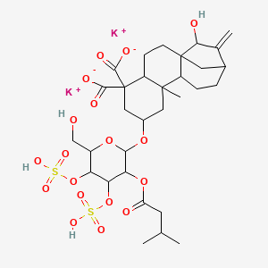 molecular formula C31H44K2O18S2 B14180582 Dipotassium;15-hydroxy-7-[6-(hydroxymethyl)-3-(3-methylbutanoyloxy)-4,5-disulfooxyoxan-2-yl]oxy-9-methyl-14-methylidenetetracyclo[11.2.1.01,10.04,9]hexadecane-5,5-dicarboxylate 