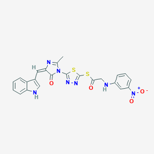 molecular formula C23H17N7O4S2 B141836 Ethanethioic acid, ((3-nitrophenyl)amino)-, S-(5-(4,5-dihydro-4-(1H-indol-3-ylmethylene)-2-methyl-5-oxo-1H-imidazol-1-yl)-1,3,4-thiadiazol-2-yl) ester CAS No. 127227-41-2