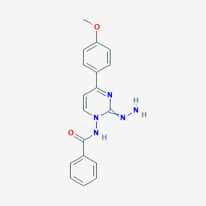 molecular formula C18H17N5O2 B141879 Benzamide,N-[2-hydrazinylidene-4-(4-methoxyphenyl)-1(2H)-pyrimidinyl]- CAS No. 127252-15-7