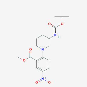 molecular formula C18H25N3O6 B1421072 Methyl 2-{3-[(tert-butoxycarbonyl)amino]-piperidino}-5-nitrobenzenecarboxylate CAS No. 1221791-90-7