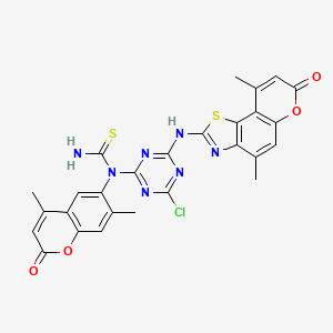 molecular formula C27H20ClN7O4S2 B14221666 N-{4-Chloro-6-[(4,9-dimethyl-7-oxo-7H-pyrano[2,3-g][1,3]benzothiazol-2-yl)amino]-1,3,5-triazin-2-yl}-N-(4,7-dimethyl-2-oxo-2H-1-benzopyran-6-yl)thiourea CAS No. 546144-89-2