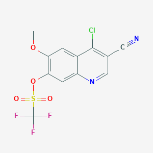 molecular formula C12H6ClF3N2O4S B14234242 Methanesulfonic acid, 1,1,1-trifluoro-, 4-chloro-3-cyano-6-methoxy-7-quinolinyl ester 