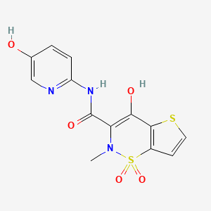 molecular formula C13H11N3O5S2 B1425341 2H-Thieno(2,3-e)-1,2-thiazine-3-carboxamide, 4-hydroxy-N-(5-hydroxy-2-pyridinyl)-2-methyl-, 1,1-dioxide CAS No. 93739-45-8