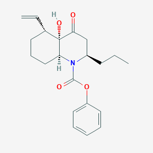 molecular formula C21H27NO4 B142665 Decahydro-4a-hydroxy-4-oxo-2-propyl-5-vinylquinoline-1-carboxylic acid phenyl ester CAS No. 156340-45-3