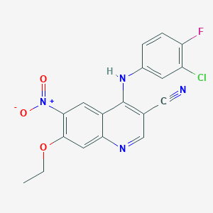 molecular formula C18H12ClFN4O3 B142841 4-(3-Chloro-4-fluoroanilino)-3-cyano-7-ethyloxy-6-nitroquinoline CAS No. 740791-06-4