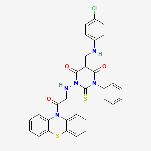 molecular formula C31H24ClN5O3S2 B14287416 10H-Phenothiazine, 10-(((5-(((4-chlorophenyl)amino)methyl)tetrahydro-4,6-dioxo-3-phenyl-2-thioxo-1(2H)-pyrimidinyl)amino)acetyl)- CAS No. 141177-52-8