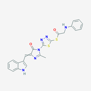 molecular formula C23H18N6O2S2 B142896 Ethanethioic acid, (phenylamino)-, S-(5-(4,5-dihydro-4-(1H-indol-3-ylmethylene)-2-methyl-5-oxo-1H-imidazol-1-yl)-1,3,4-thiadiazol-2-yl) ester CAS No. 127227-37-6
