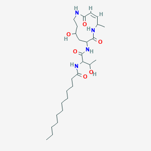 molecular formula C27H48N4O6 B14293453 Dodecanamide, N-(2-hydroxy-1-(((10-hydroxy-5-methyl-2,7-dioxo-1,6-diazacyclododec-3-en-8-yl)amino)carbonyl)propyl)- CAS No. 115627-24-2