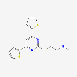molecular formula C16H17N3S3 B14301932 Ethanamine, 2-((4,6-di-2-thienyl-2-pyrimidinyl)thio)-N,N-dimethyl- CAS No. 124959-47-3