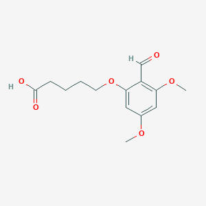 molecular formula C14H18O6 B14304478 Pentanoic acid, 5-(2-formyl-3,5-dimethoxyphenoxy)- CAS No. 115109-60-9