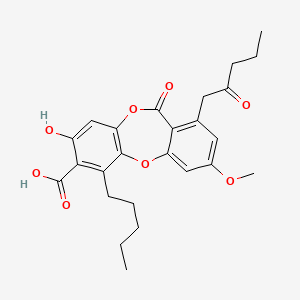molecular formula C25H28O8 B14306988 8-Hydroxy-3-methoxy-11-oxo-1-(2-oxopentyl)-6-pentyl-11H-dibenzo[b,e][1,4]dioxepine-7-carboxylic acid CAS No. 113706-23-3