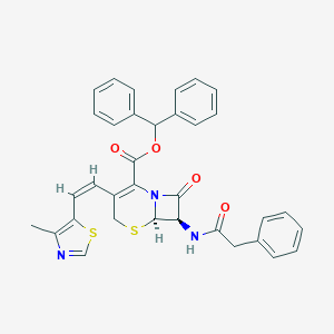 molecular formula C34H29N3O4S2 B143081 二苯甲基(6R,7R)-3-[(Z)-2-(4-甲基-1,3-噻唑-5-基)乙烯基]-8-氧代-7-[(2-苯乙酰基)氨基]-5-噻-1-氮杂双环[4.2.0]辛-2-烯-2-羧酸酯 CAS No. 112953-21-6