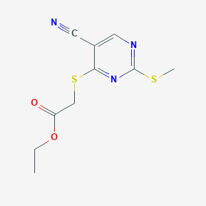 molecular formula C10H11N3O2S2 B14309547 Acetic acid, [[5-cyano-2-(methylthio)-4-pyrimidinyl]thio]-, ethyl ester CAS No. 113917-99-0