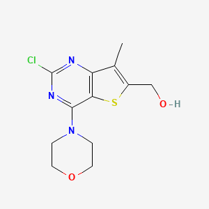 molecular formula C12H14ClN3O2S B1432405 Thieno[3,2-d]pyrimidine-6-methanol, 2-chloro-7-methyl-4-(4-morpholinyl)- CAS No. 1032758-44-3