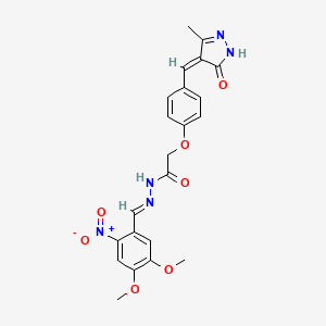 molecular formula C22H21N5O7 B14328356 Acetic acid, (p-((3-methyl-5-oxo-2-pyrazolin-4-ylidene)methyl)phenoxy)-, (4,5-dimethoxy-2-nitrobenzylidene)hydrazide CAS No. 107044-98-4