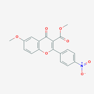molecular formula C18H13NO7 B014343 6-Methoxy-3-(methoxycarbonyl)-2-(4-nitrophenyl)-4H-benzopyran-4-one CAS No. 132018-13-4