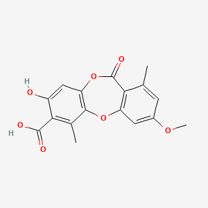 molecular formula C17H14O7 B14354045 8-Hydroxy-3-methoxy-1,6-dimethyl-11-oxo-11H-dibenzo[b,e][1,4]dioxepine-7-carboxylic acid CAS No. 90689-47-7