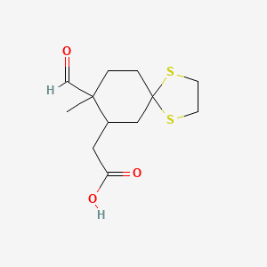 molecular formula C12H18O3S2 B14356032 (8-Formyl-8-methyl-1,4-dithiaspiro[4.5]decan-7-yl)acetic acid CAS No. 90660-45-0
