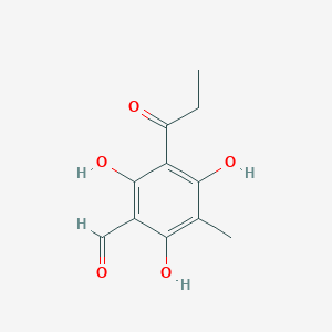 molecular formula C11H12O5 B14364279 Benzaldehyde, 2,4,6-trihydroxy-3-methyl-5-(1-oxopropyl)- CAS No. 96573-37-4