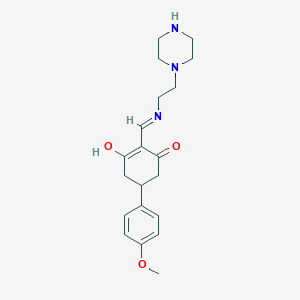 molecular formula C20H27N3O3 B1436521 5-(4-Methoxyphenyl)-2-[(2-piperazin-1-ylethylamino)methylidene]cyclohexane-1,3-dione CAS No. 351163-56-9